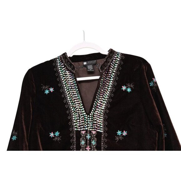 Vintage Velvet Blouse Size Medium Beaded Sequin Embroidered Artsy Hippie Boho - Picture 2 of 11